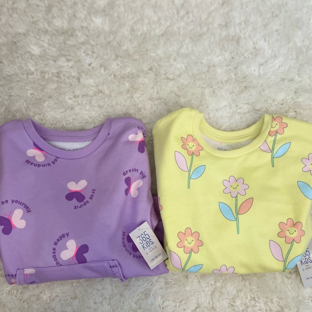 365 Kids Girls Butterfly Flower Sweatshirts 2 Pack Purple‎ Yellow Size 5 NWT